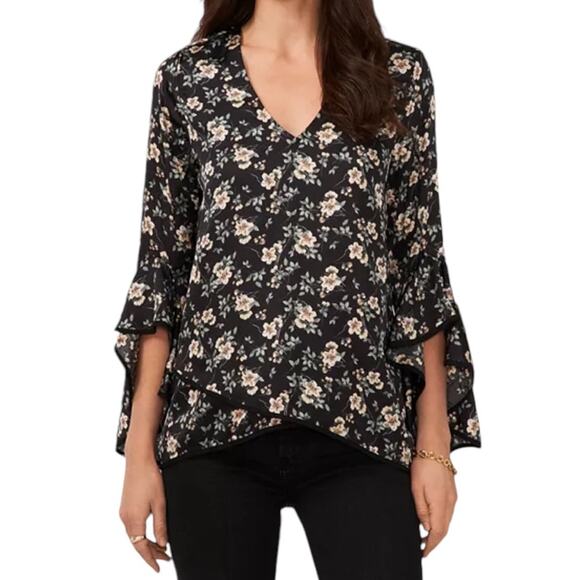 Vince Camuto V Neck Ruffled Sleeve Black Floral Blouse NEW Size XSmall - Picture 1 of 8